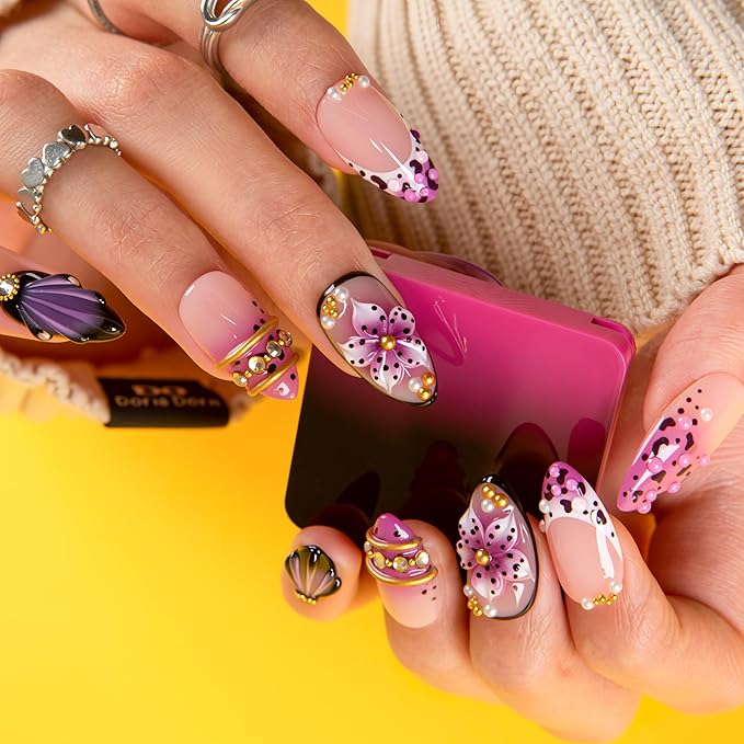 LOVFUL Short Press on Nails Plum Noir | Handmade Acrylic Press ons| Reusable Fake False Nails | Almond Regular 1.0in | H740-S