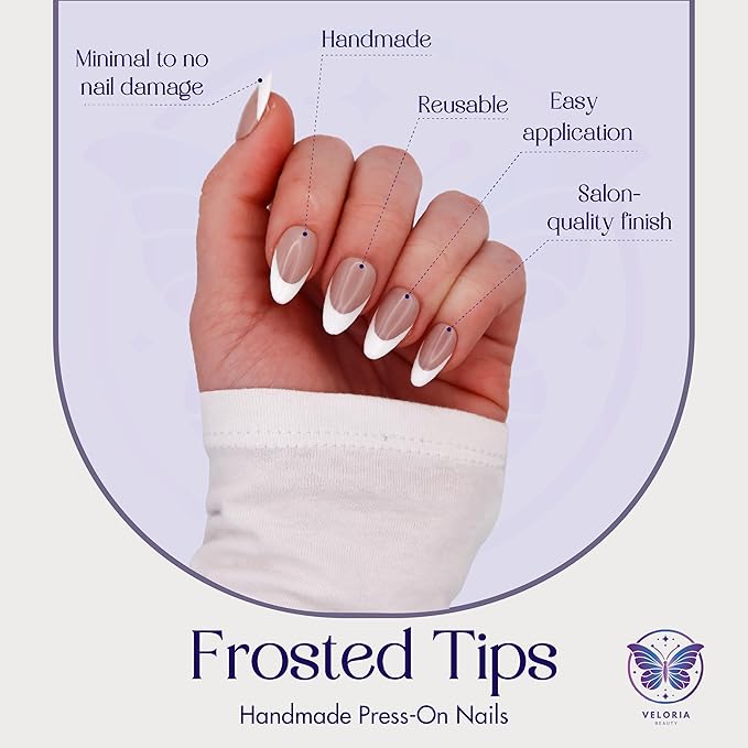 3D Handmade Press On Nails, Short Almond Shaped, French Tips, Acrylic, Gel, Reusable Kit, For Women & Girls Daily Wear or Special Occasion (Frosted Tips - S)