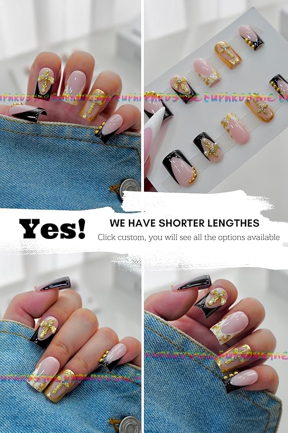 Euphrosyne Luxury Press On Nails – 10pcs Long Square Fake Nails in Nude Pink and Black with Gold Cross Charms, Pearl Accents & Letter Plaques