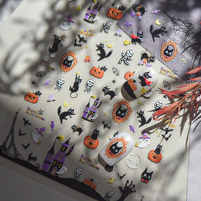 Halloween Nail Stickers Haunted House Ghost Nail Designs Pumpkin Cat Nail Decals 3D Self-Adhesive 5D Embossed Skeleton Spider Web Nails Supplies for Women Holiday DIY Manicure 1 Sheet