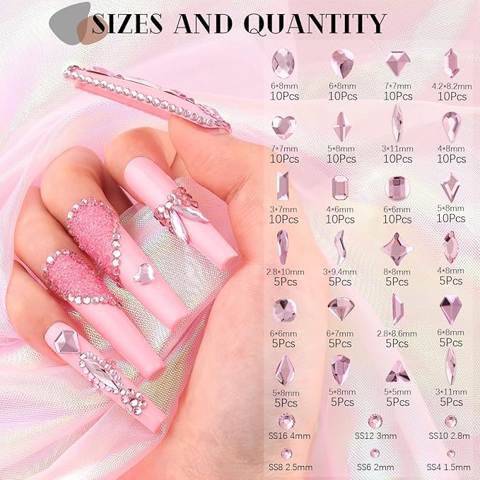 1680Pcs Pink Glass Nail Rhinestones 180Pcs Multi Shapes Flatback Nail Gems + 1500Pcs 1.5-4mm Round Crystal, Manicure Nail Charms Diamond Gemstones for Acrylic Nails Decoration