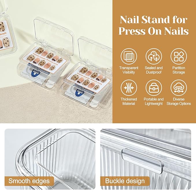 Press on Nail Storage Box,8 PCS Double Layer Press on Nail Case and 1 Big Storage Box with 60 Pcs Double Sided Adhesive Tape,Clear Acrylic Press On Nail Packaging Organizer for Fake Nail Display Salon