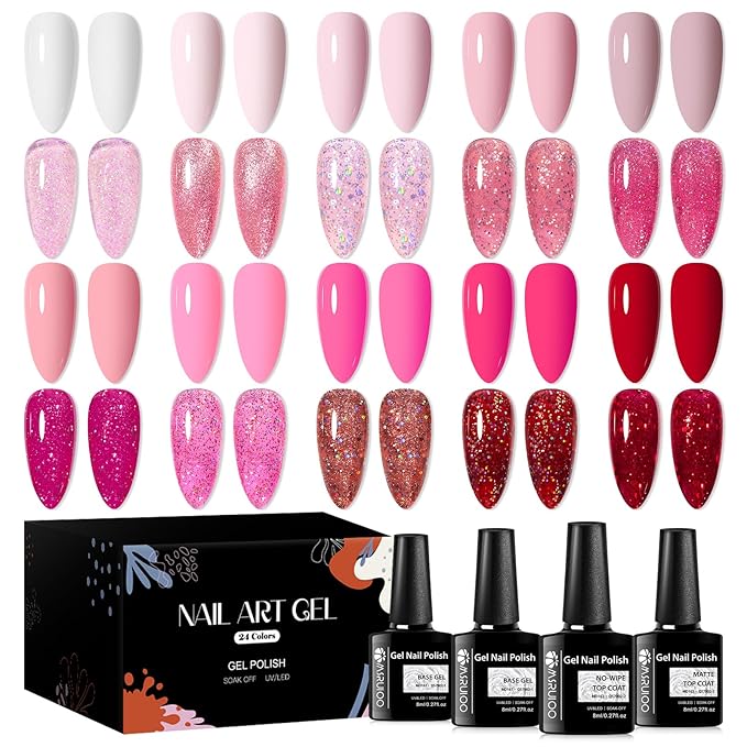 24Pcs Pink Gel Nail Polish Set Pastel Pink Sweet Lovely Nude Pink Nail Polish Peach Gel Polish DIY Manicure Nail Salon for Women Girls