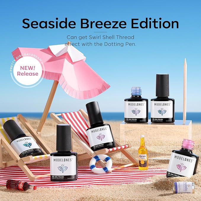 modelones Gel Nail Polish Set 6 Colors Pink Blue Pearl Gel Nail Polish White Pink Blue Shimmer Mermaid Glitter Polish All Seasons Soak Off Nail Drawing Swirl Shell Thread Effect DIY Gift Women Girl