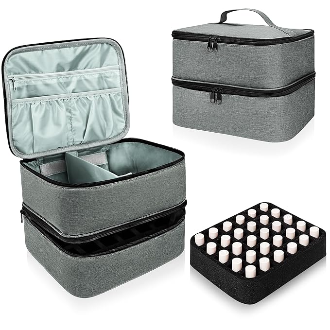 Nail Polish Organizer Case, Large Nail Varnish Storage Carrying Bag, Double Layer Portable Makeup Box Holds 30 Bottles, for Nail Dryer lamp, Nail Art Tools Accessories (Grey), Grey