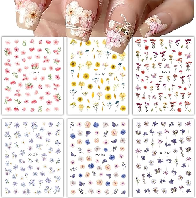 Spring Flower Nail Art Stickers Decals 3D Self-Adhesive Colorful Peach Floral Design Nail Stickers Lavender Carnation Nail Decals Spring Summer Nail Supplies for Women DIY Manicure 6Sheets…