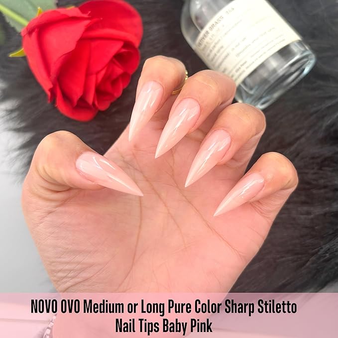 NOVO OVO Medium Long Stiletto Nail Tips (Baby Pink) - Pure Color Sharp Pointed Soft Gel Fake Nails, Pre-Colored Full Cover Press Ons for Acrylic Extension, 16 Sizes (224 Pcs)