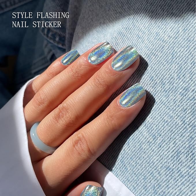 JMEOWIO Gel Nail Stickers Blue Purple Glitter Semi Cured Gel Nail Strips Wraps UV/LED Nails Art Design Decoration Accessories