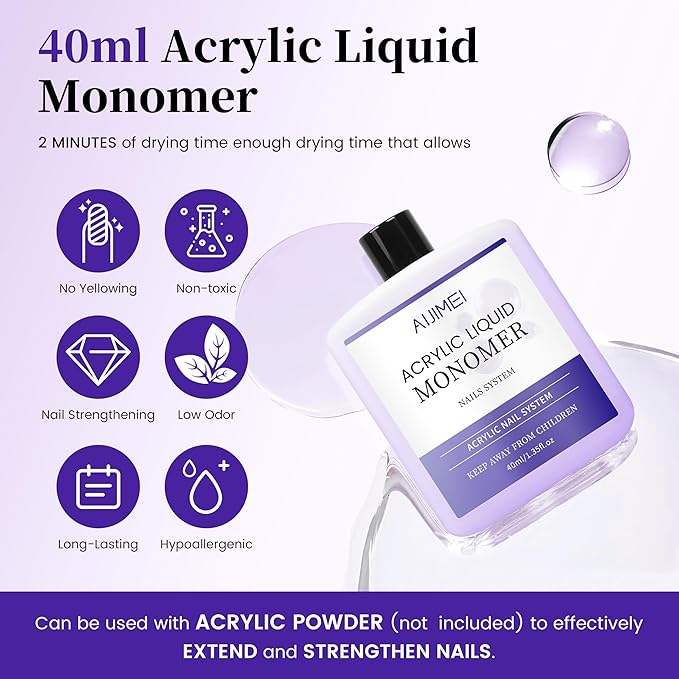 AIJIMEI Acrylic Liquid Monomer for Long Lasting 40ml Acrylic Liquid Professional Nail Art Supplies Suitable for Salon and Home 1.33Fl.oz