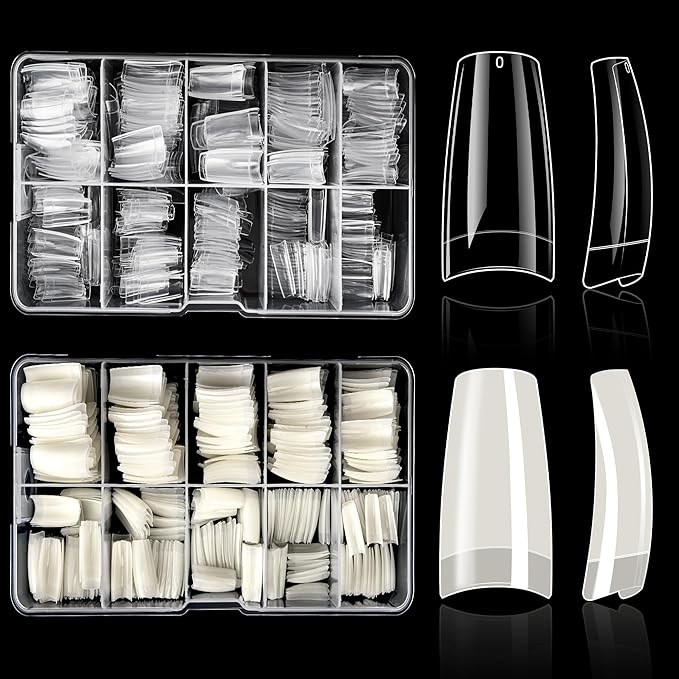 ELLEWIN 480PCS Natural Clear and White Nail Tips, Natural C Curve Half Cover for Acrylic Nails Kit, 10 Sizes Soft Square Fake Nails Gel Nail Extension for Salons and Home DIY Gifts