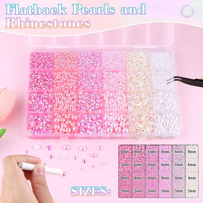 14000Pcs Flatback Pearls and Rhinestones for Crafting, Pink White Mixed Size 3-8mm Resin Rhinestones and Half Pearls for Bedazzling, Nail Art with Tweezers and Pickup Pencil