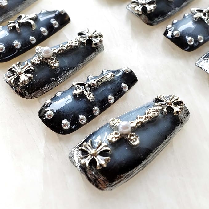 Gothic Press-On Nails, Long Ballerina Shape, Blue with Chrome and Pearl Accents, Handmade False Nail 10 Pieces (Small, LS)