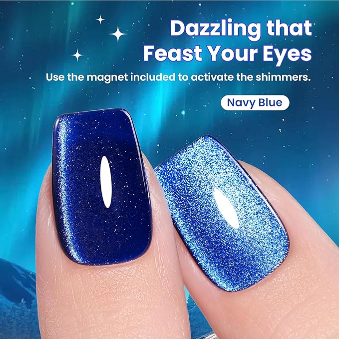 beetles Gel Polish Navy Blue Cat Eye Gel Nail Polish - 15ML Blue Cat Eye Glitter Gel Polish Magnetic Shimmer Effect Soak Off UV French Nail Art Design Salon DIY Manicure Gift for Women
