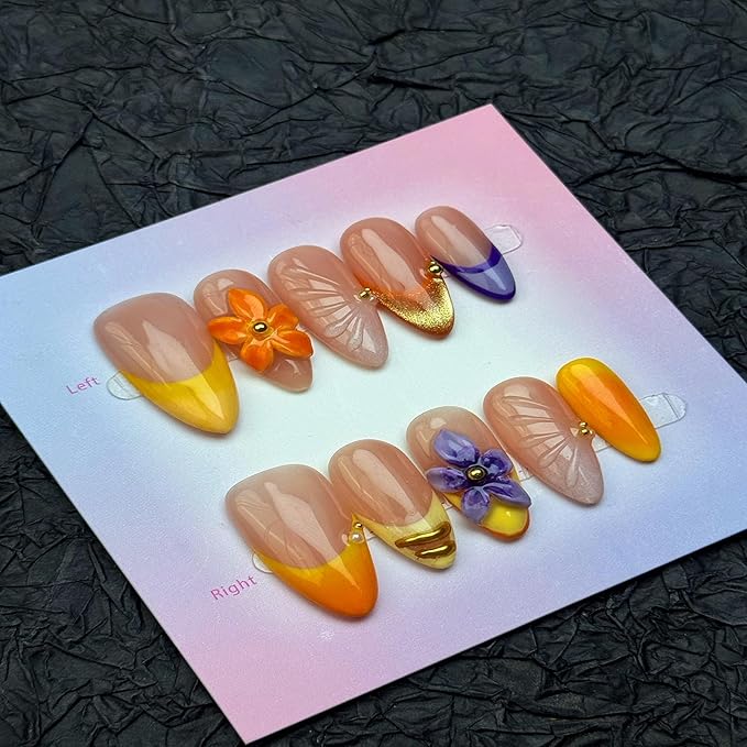 100% Handmade Press on Nails Medium Almond Handmade Nails with Purple Flower Design Ombre Yellow False Nails French Tip Nail Press ons Reusable Spring Summer Acrylic Fake Nail for Women Size M 10Pcs