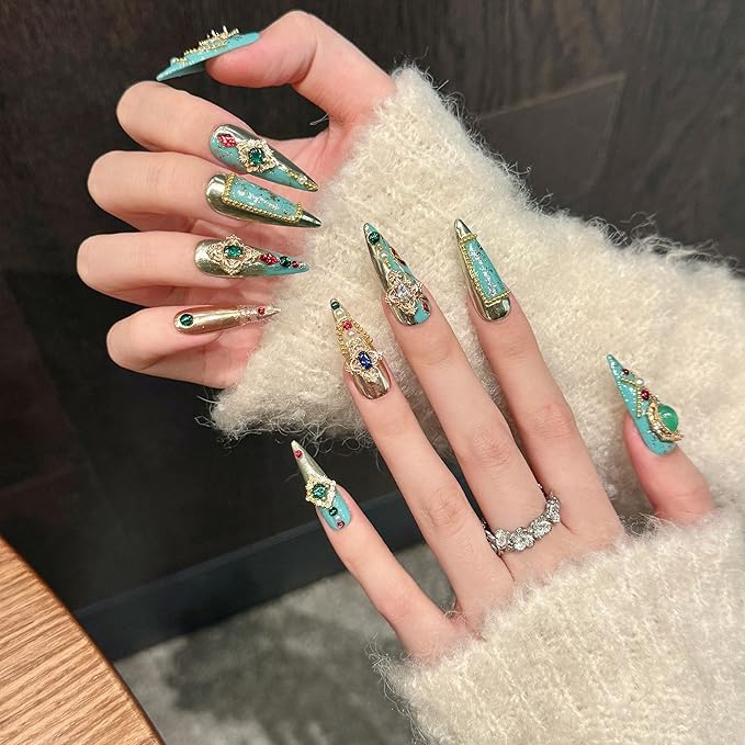 Handmade Press on Nails Stiletto Royal Style Luxurious Colored Gemstones with Full Diamond and Heavily Crafted Design Handmade Stiletto Press on Nails 3D Luxury Press on Nails(S)
