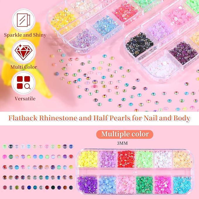 5 Boxes 7200pcs Sparkling Crystal Nail Rhinestones Pearls Kit, Flatback Multicolor Transparent Jelly AB Mermaid Gems with Pick Up Pen and Curved Tweezers for Manicure Salon & Craft DIY Designs (3mm)