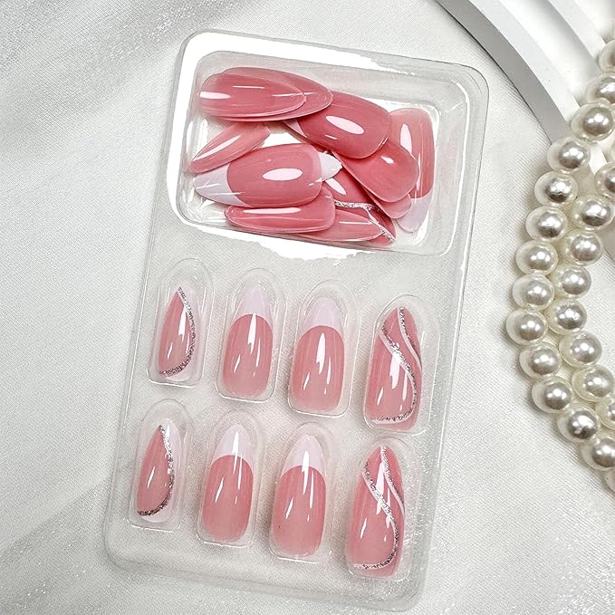 White French Tip Press on Nails Almond Medium Fake Nails Pink False Nails Glitter Swirl Glossy Full Cover Acrylic Glue on Nails Artificial Stick on Nail for Women Manicure 24Pcs