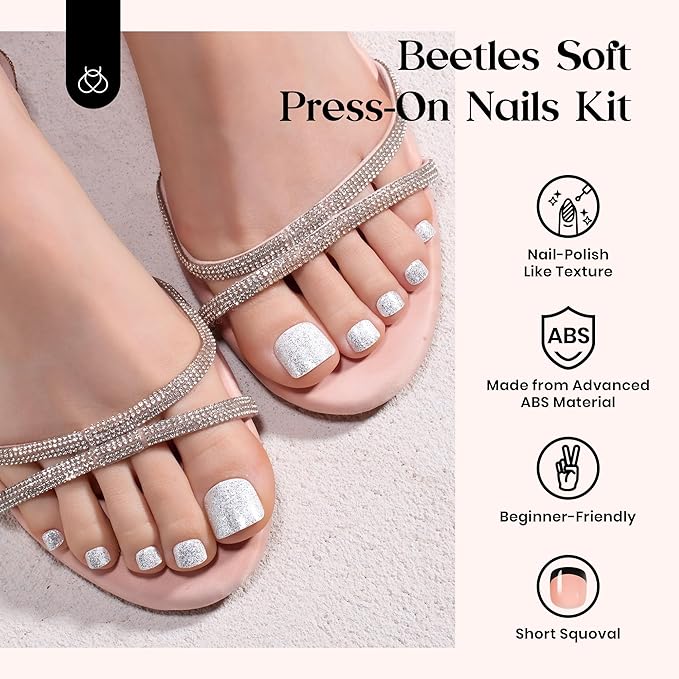 Beetles Toe Nail Press ons Kit 288Pcs 12 Colors, Press on Toenails Short Squaval Glossy Glitter With Nail Glue & Nail Tabs Stickers, Natural Fit Lightweight Fake ToeNails Nail Art For Women Girls