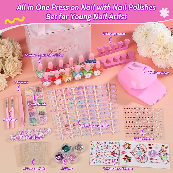 Kids Nails and Nail Polish for Girls, 144 Mini Press On for Kids, 12 Non-Toxic Nail Polish, Dryer, Gems Stickers, Cute Nail Stuff Gift for Girls Age 8-12