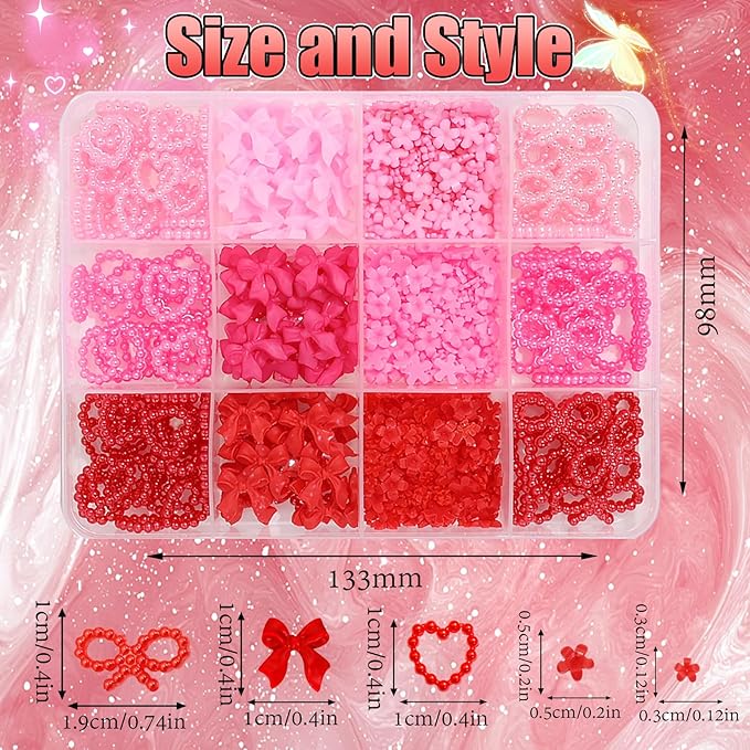 BELICEY Valentines Pink Red Heart Bows Nail Charms 3D Hearts Nail Art Charm Resin Flatback Bow Charms for Nails Cute Kawaii Flower for Women Manicure DIY Nails Art Design Accessories Crafts