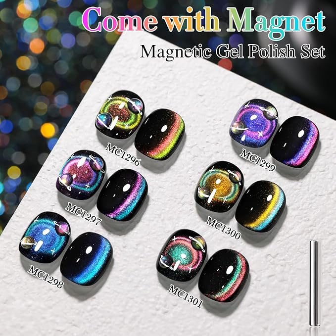 Double Rhythm Cat Eye Gel Nail Polish Set of 6 Same Color Same Bottle 0.5 Oz Shimmer Glitter with Magnet Holographic Reflective Magnetic UV Nail Polish Kit at Home (Holographic Rainbow-T6-88)