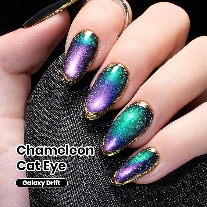 Beetles Stay Shining Cat Eye Gel Nail Polish - 15ML 9D Chameleon Cat Eye Green Purple Double Magic Colors Gel Polish with Magnet Soak Off UV Galaxy Drift Collection Nail Art Design Gift for Women