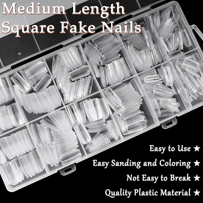 AddFavor 600pcs Square Nail Tips, Medium Gel Nail Tips Square Clear Fake Nails Full Cover Acrylic Nails Tips for Nail Extensions Manicure Salon Home DIY