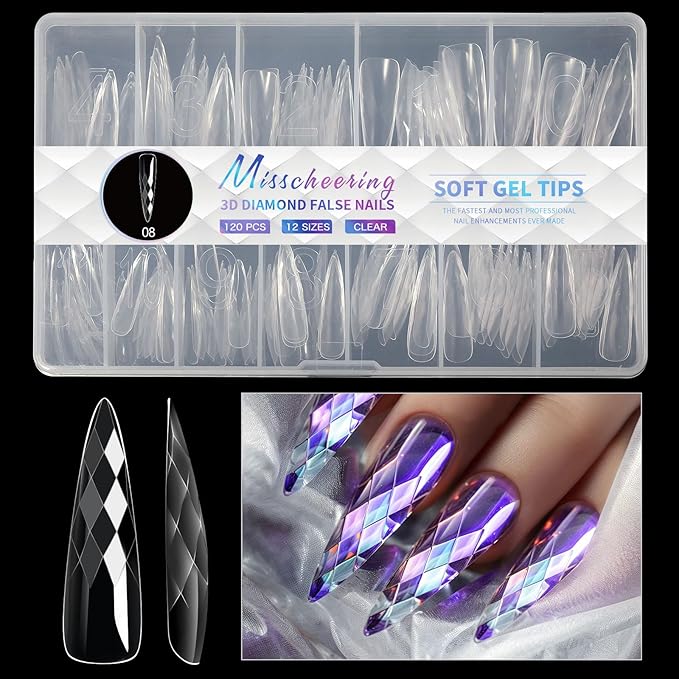 3D Diamond Shaped Polygel Nail, Extension Clear Full Cover False Nail Tips, Hybrid Gel Acrylic Nail, Diamond Fake Nails, 14 Sizes Building Artificial Press on Nail (style 8, 120pcs)