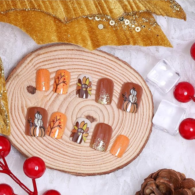 24Pcs Thanksgiving Press on Nails Short Square Fake Nails with Turkey Pumpkin Tree Design Fall False Nails Orange Full Cover Artificial Glue on Nails Glitter Stick on Nail for Women Manicure DIY