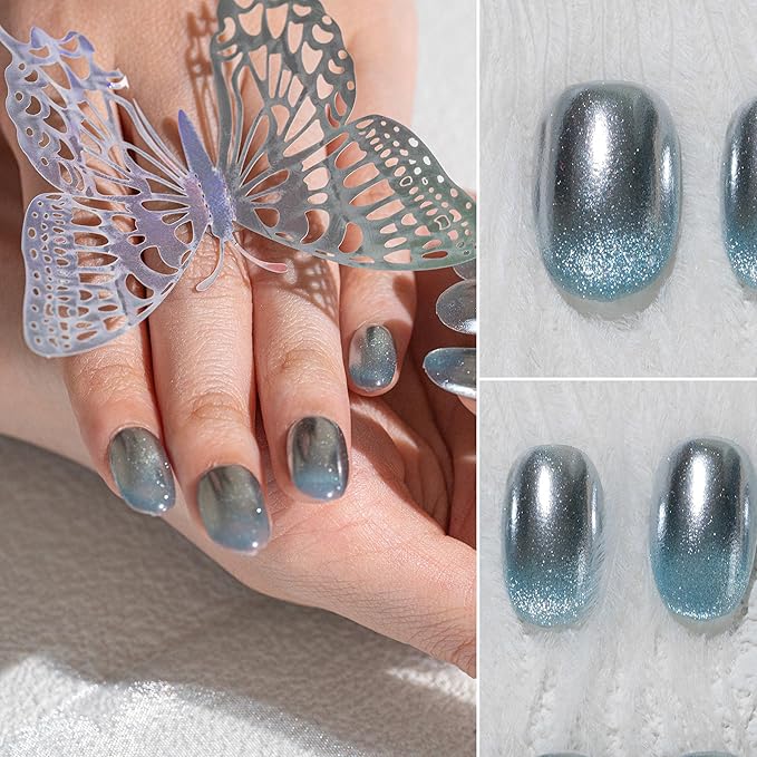 Sun&Beam Nails Handmade Press-on Short Almond Blue Silver Aurora Gradation glossy Design Fashion False Nail Tips 10 Pcs Set (#221 XS)