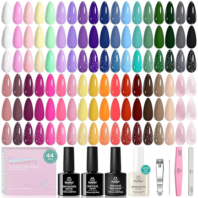 beetles Gel Polish Set Vivid Seasons - Spring Gel Nail Polish Set 36 Colors Pink Yellow Green Purple Jelly Shades 45pcs with Base & Top Coat UV LED Soak Off DIY Salon Valentines Gift for Women & Girls