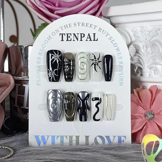 Dark Silver Gothic Press on Nails Long Coffin Shape 3D Embossed Sun Design Fake Nails Hand Painted Art for Women Fall Winter Ins Style(XS)