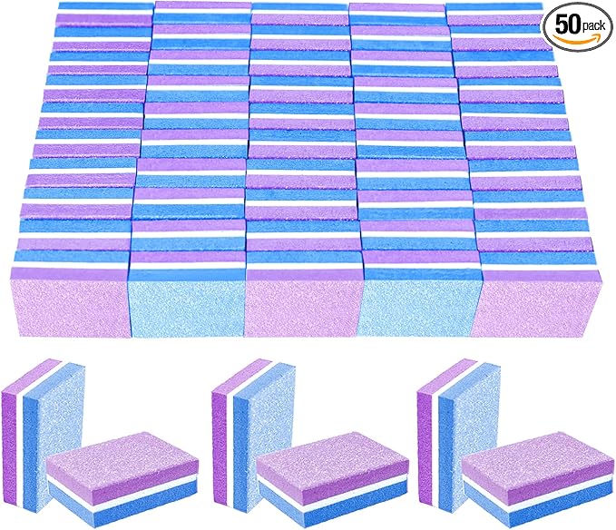 50 Pcs Sponge Nail Buffers,100/180 Grit Mini Nail Files,Mini Buffer Block Nail File for Acrylic & Natural Nails,Double-Sided Buffing Blocks for Manicure & Pedicure,Salon & Home Use(Purpel-Blue)