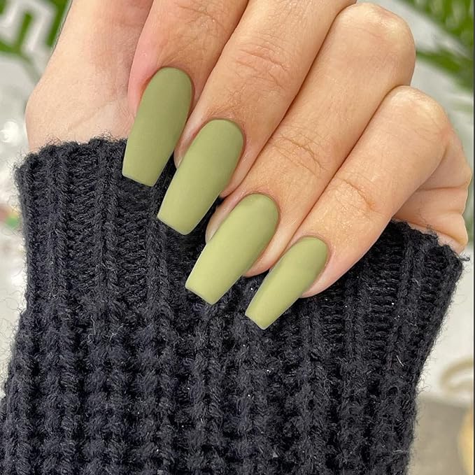 KQueenest Matte Light Green Square Nails, Coffin Press on Nails, Medium Long, 24 Pieces, 1 Set