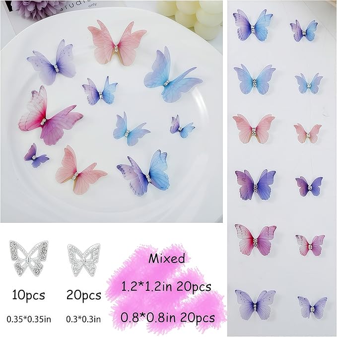 120PCS Nail Charms Alloy Sliver Butterfly Gauze Butterfly Charm Soft Crystal Flower for Nails Design，3D Y2k Nail Jewels Bulk Nail Art Decor Set