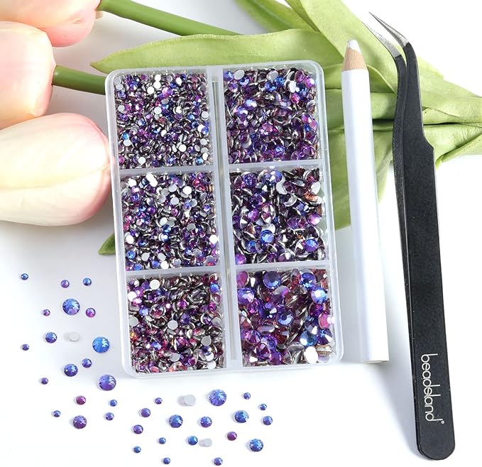 Beadsland 4300pcs Flatback Rhinestones,Purple Rhinestone Nail Gems Round Crystal Rhinestones for Crafts,Mixed 6 Sizes with Picking Tweezers and Wax Pencil Kit, SS6-SS20,Purple Velvet