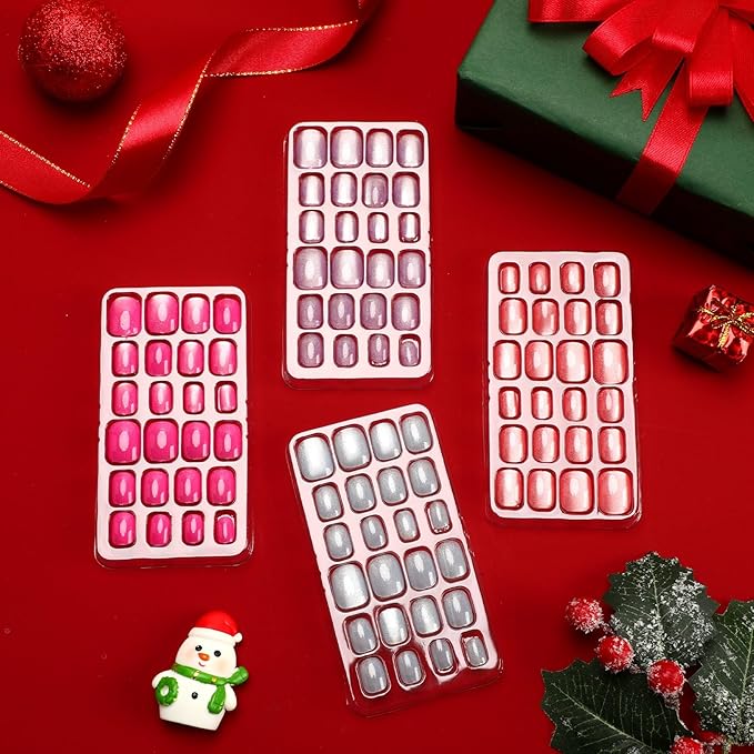JANYUN 96 Pcs Cat Eye Design Fake Nails Press on, Nails Pre-glue Full Cover Short False Nails Nails Christmas Lovely Gift