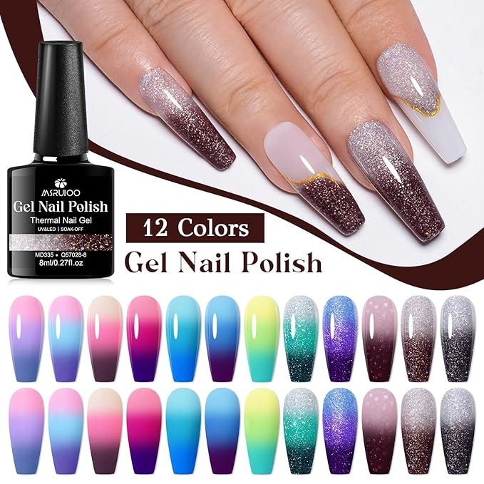 Color Changing Gel Nail Polish Set 12 Colors Temperature Mood Changed Glitter Gel Polish Soak Off UV/LED Nail Art Design Kit Gifts for Women Girls