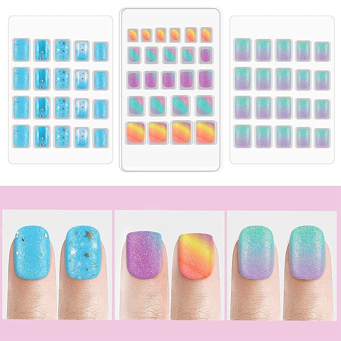 Laza 64pcs Children Nails Press On Pre-glue Full Cover Rainbow Gradient Silver Glitter Diamond Short False Nail Kits for Kids Teenager Girls - Colorful Stars