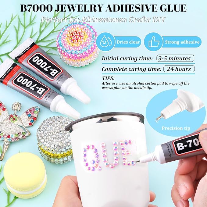 12000Pcs Resin Rhinestones for Bedazzling with 3Pcs B7000 Jewelry Glue, 2 Boxes Light Pink AB Flatback Rhinestones for Crafting Crafts DIY, Crystals Gems for Clothing Shoes Tumblers Nail Art Makeup