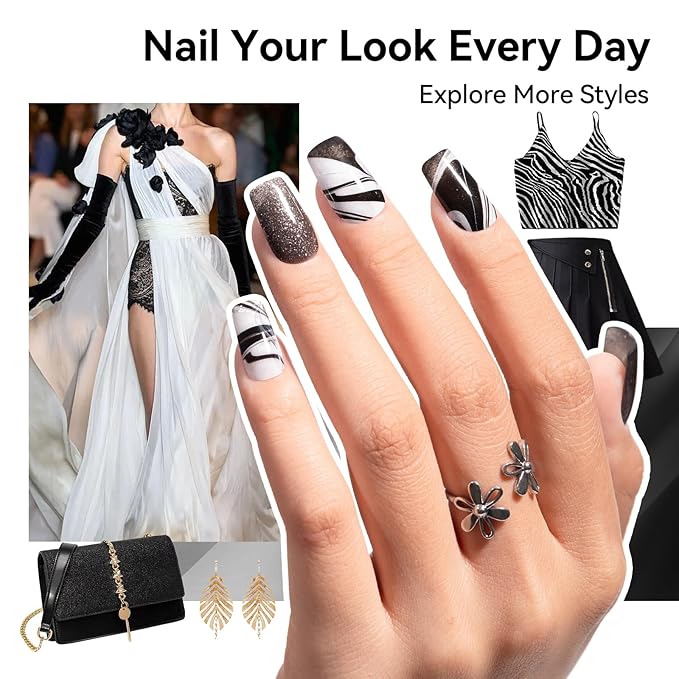 Nail Polish Set 6 Colors Black White Silver Gray Sparkle Cat Eye Glitter Shimmer Nail Polish Kit with Magnet, Quick Air Dry Non Gel, Nail Art DIY Home Travel Manicure Gift for Women Girls
