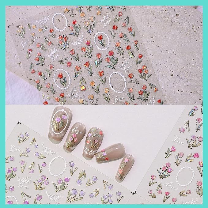 Aurora Tulip Floral Nail Art Stickers, Golden Flower Nail Decals, Self-Adhesive,Summer Spring Nail Accessories for Women, Nail Decorations 3 Sheets