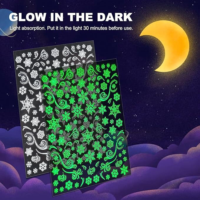 Glow in The Dark Snowflake Nail Stickers, Christmas 3D Self-Adhesive Nail Art Decals - White Snowman Santa Elk Design for DIY Manicure Winter Xmas DIY Nail Decorations stz (6 Sheets)