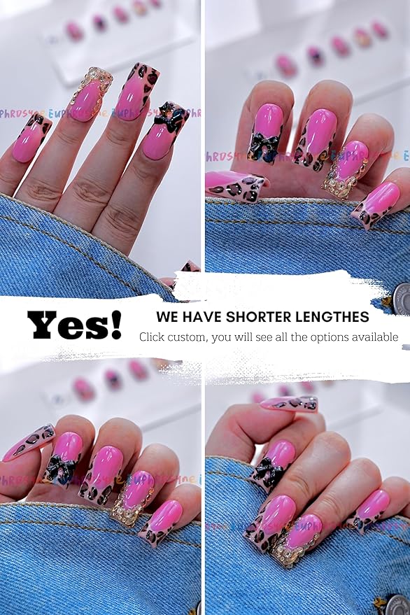 Pink Leopard Press On Nails – 10PCS Glossy Fake Nails with 3D Bow and Glitter Rhinestones, Reusable Long Coffin Nails for Women and Girls – Euphrosyne