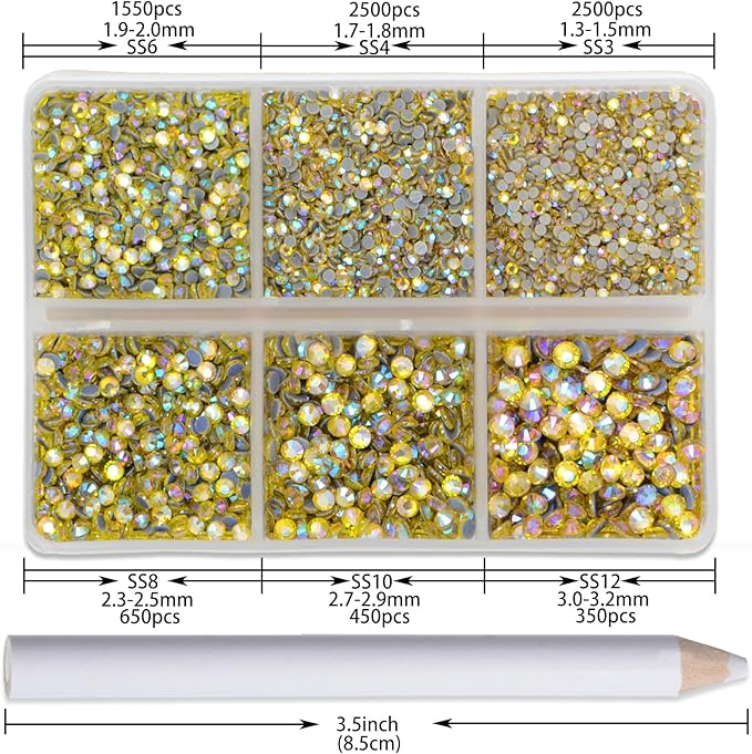NCB Hotfix Iron on 8000pcs Crystal Rhinestones Round Gem for Crafts Decoration DIY Jewelry Making with a Picking Pen (Citrine AB, 6Sizes SS3-SS12)