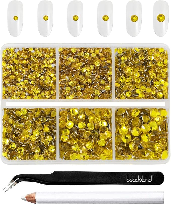 Beadsland 4300pcs Flatback Yellow Nail Gems Round Crystal Rhinestones for Crafts, Mixed 6 Sizes with Picking Tweezers and Wax Pencil Kit, SS6-SS20, Citrine/Lemon Yellow