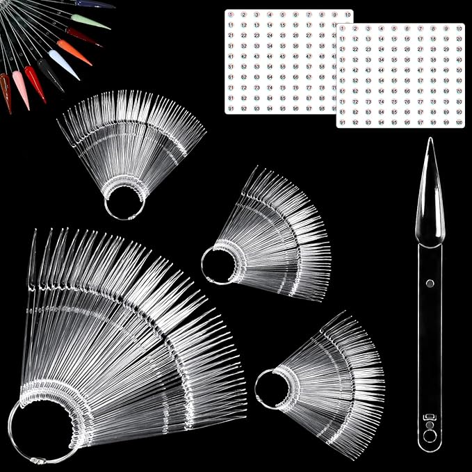Allstarry 200 Pcs Clear & Natural Nail Swatch Sticks with Ring and Numbered Tips Pointed Shaped Nail Art Polish Display Tips, False Nail Sample Sticks, Sacks of Transparent Nail Practice for Manicure