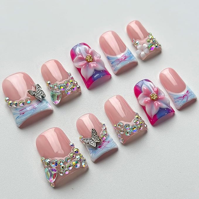 Luxury Press on Nails Short Duck Handmade 3D Unique Reusable ABS Material Fake Nails French Tip False Nails with Designs Flower Butterfly Blue Pink Glossy Glue on Nail Thick Acrylic Nail(S)