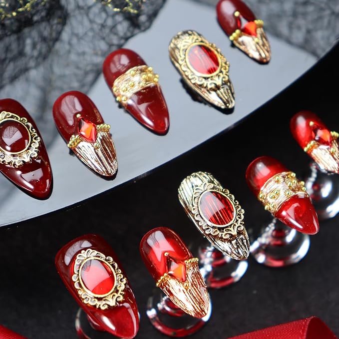 Red Press on Nails Retro Nail Art with Diamond Design Handmade Nails Press ons Gold Fake Nails Medium Almond Glue on Nail Reusable French Tip Stick on Nail for Women Girls Gorgeous Manicure (S)
