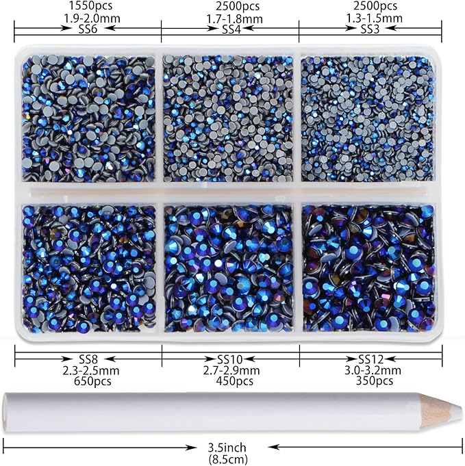NCB Hotfix Iron on 8000pcs Crystal Rhinestones Round Gem for Crafts Decoration DIY Jewelry Making with a Picking Pen (Black AB, 6Sizes SS3-SS12)